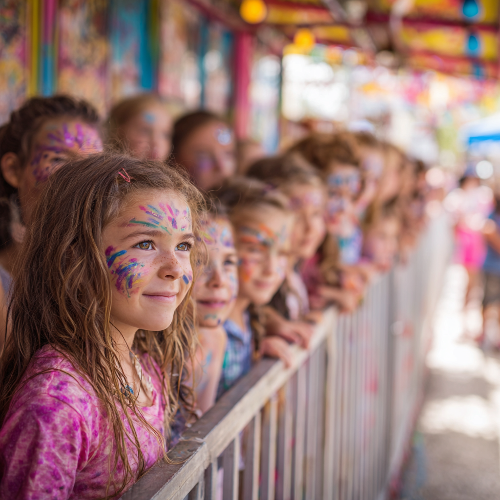 Face painter at a busy festival with organized queue