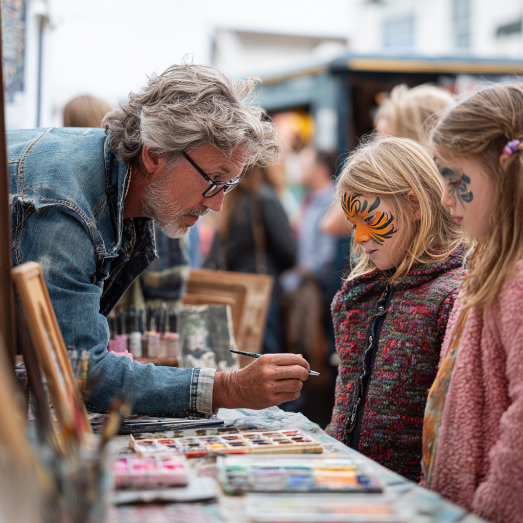 Face painter at a market with organized queue